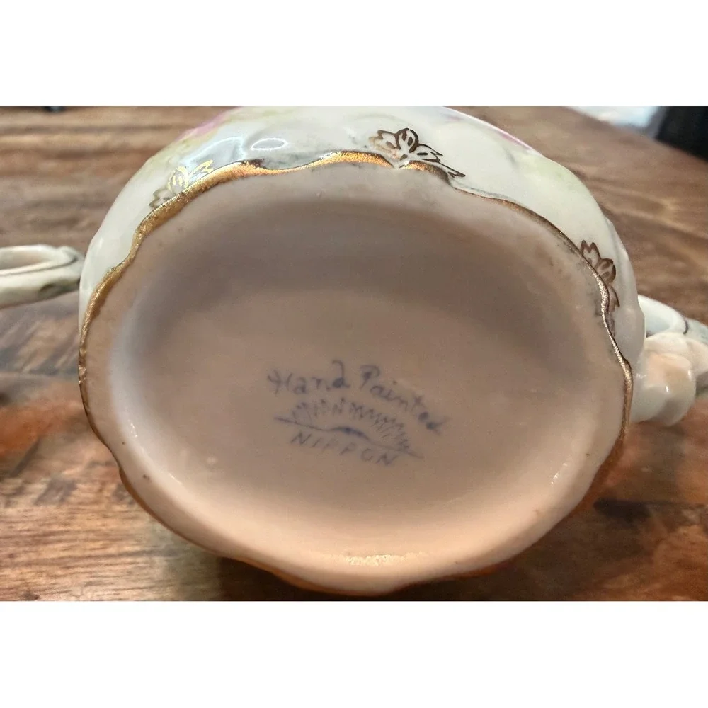 Antique Nippon Hand Painted Porcelain Cabbage Rose Cream and Sugar Set Gold Trim